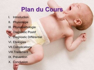 Plan du Cours
I. Introduction
II. Physiologie
III. Physiopathologie
IV. Diagnostic Positif
V. Diagnostic Différentiel
VI. Etiologies
VII.Complications
VIII.Traitement
IX. Prévention
X. Conclusion
 