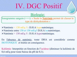 IV. DGC Positif
Biologie:
Ionogramme sanguin (+++): « Seule la Natrémie permet de classer le
type de déshydratation »
Natrémie < 130 mEq /l : D.H.A hyponatrémique.
Natrémie entre 130 et 150 mEq/l D.H.A isonatrémique.
Natrémie > 150 mEq /l : D.H.A hypernatrémique.
En l'absence de natrémie, toute DHA est considérée comme
ISOTONIQUE et traitée en conséquence.
Kaliémie: Interprétée en fonction de l’acidose (diminuer la kaliémie de
0,6 mEq pour toute baisse du pH de 0,1).
 