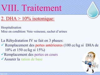 VIII. Traitement
2. DHA > 10% isotonique:
Hospitalisation
Mise en condition: Voie veineuse, sachet d’urines
La Réhydratation IV se fait en 3 phases:
 Remplacement des pertes antérieures (100 cc/kg si DHA de
10% et 150 cc/kg si 15%)
Remplacement des pertes en cours
Assurer la ration de base
 