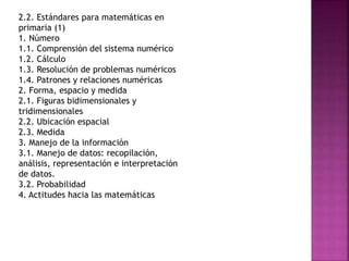 2.2. Estándares para matemáticas en
primaria (1)
1. Número
1.1. Comprensión del sistema numérico
1.2. Cálculo
1.3. Resolución de problemas numéricos
1.4. Patrones y relaciones numéricas
2. Forma, espacio y medida
2.1. Figuras bidimensionales y
tridimensionales
2.2. Ubicación espacial
2.3. Medida
3. Manejo de la información
3.1. Manejo de datos: recopilación,
análisis, representación e interpretación
de datos.
3.2. Probabilidad
4. Actitudes hacia las matemáticas
 