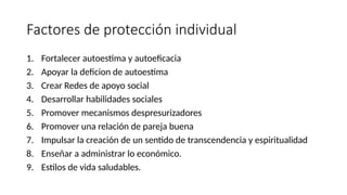 Factores de protección individual
1. Fortalecer autoestima y autoeficacia
2. Apoyar la deficion de autoestima
3. Crear Redes de apoyo social
4. Desarrollar habilidades sociales
5. Promover mecanismos despresurizadores
6. Promover una relación de pareja buena
7. Impulsar la creación de un sentido de transcendencia y espiritualidad
8. Enseñar a administrar lo económico.
9. Estilos de vida saludables.
 