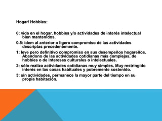 Hogar/ Hobbies:
0: vida en el hogar, hobbies y/o actividades de interés intelectual
bien mantenidos.
0.5: ídem al anterior o ligero compromiso de las actividades
descriptas precedentemente.
1: leve pero definitivo compromiso en sus desempeños hogareños.
Abandono de las actividades cotidianas más complejas, de
hobbies o de intereses culturales o intelectuales.
2: sólo realiza actividades cotidianas muy simples. Muy restringido
interés en las cosas habituales y pobremente sostenido.
3: sin actividades, permanece la mayor parte del tiempo en su
propia habitación.
 