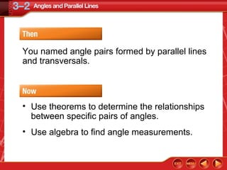 You named angle pairs formed by parallel lines
and transversals.
• Use theorems to determine the relationships
between specific pairs of angles.
• Use algebra to find angle measurements.
 