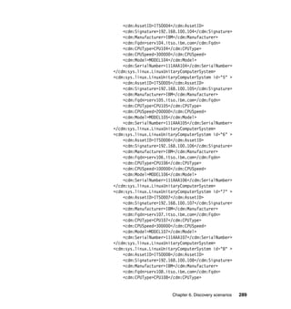 <cdm:AssetID>ITSO004</cdm:AssetID>
    <cdm:Signature>192.168.100.104</cdm:Signature>
    <cdm:Manufacturer>IBM</cdm:Manufacturer>
    <cdm:Fqdn>serv104.itso.ibm.com</cdm:Fqdn>
    <cdm:CPUType>CPU104</cdm:CPUType>
    <cdm:CPUSpeed>300000</cdm:CPUSpeed>
    <cdm:Model>MODEL104</cdm:Model>
    <cdm:SerialNumber>111AAA104</cdm:SerialNumber>
</cdm:sys.linux.LinuxUnitaryComputerSystem>
<cdm:sys.linux.LinuxUnitaryComputerSystem id="5" >
    <cdm:AssetID>ITSO005</cdm:AssetID>
    <cdm:Signature>192.168.100.105</cdm:Signature>
    <cdm:Manufacturer>IBM</cdm:Manufacturer>
    <cdm:Fqdn>serv105.itso.ibm.com</cdm:Fqdn>
    <cdm:CPUType>CPU105</cdm:CPUType>
    <cdm:CPUSpeed>200000</cdm:CPUSpeed>
    <cdm:Model>MODEL105</cdm:Model>
    <cdm:SerialNumber>111AAA105</cdm:SerialNumber>
</cdm:sys.linux.LinuxUnitaryComputerSystem>
<cdm:sys.linux.LinuxUnitaryComputerSystem id="6" >
    <cdm:AssetID>ITSO006</cdm:AssetID>
    <cdm:Signature>192.168.100.106</cdm:Signature>
    <cdm:Manufacturer>IBM</cdm:Manufacturer>
    <cdm:Fqdn>serv106.itso.ibm.com</cdm:Fqdn>
    <cdm:CPUType>CPU106</cdm:CPUType>
    <cdm:CPUSpeed>100000</cdm:CPUSpeed>
    <cdm:Model>MODEL106</cdm:Model>
    <cdm:SerialNumber>111AAA106</cdm:SerialNumber>
</cdm:sys.linux.LinuxUnitaryComputerSystem>
<cdm:sys.linux.LinuxUnitaryComputerSystem id="7" >
    <cdm:AssetID>ITSO007</cdm:AssetID>
    <cdm:Signature>192.168.100.107</cdm:Signature>
    <cdm:Manufacturer>IBM</cdm:Manufacturer>
    <cdm:Fqdn>serv107.itso.ibm.com</cdm:Fqdn>
    <cdm:CPUType>CPU107</cdm:CPUType>
    <cdm:CPUSpeed>300000</cdm:CPUSpeed>
    <cdm:Model>MODEL107</cdm:Model>
    <cdm:SerialNumber>111AAA107</cdm:SerialNumber>
</cdm:sys.linux.LinuxUnitaryComputerSystem>
<cdm:sys.linux.LinuxUnitaryComputerSystem id="8" >
    <cdm:AssetID>ITSO008</cdm:AssetID>
    <cdm:Signature>192.168.100.108</cdm:Signature>
    <cdm:Manufacturer>IBM</cdm:Manufacturer>
    <cdm:Fqdn>serv108.itso.ibm.com</cdm:Fqdn>
    <cdm:CPUType>CPU108</cdm:CPUType>


                        Chapter 6. Discovery scenarios   289
 