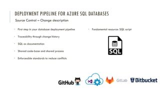 DEPLOYMENT PIPELINE FOR AZURE SQL DATABASES
Source Control – Change description
• First step in your database deployment pipeline
• Traceability through change history
• SQL as documentation
• Shared code-base and shared process
• Enforceable standards to reduce conflicts
• Fundamental resource: SQL script
 