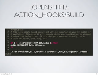 .OPENSHIFT/
                       ACTION_HOOKS/BUILD




Sunday, March 17, 13                        99
 