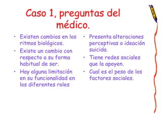 Caso 1, preguntas del médico. Existen cambios en los ritmos biológicos. Existe un cambio con respecto a su forma habitual de ser. Hay alguna limitación en su funcionalidad en los diferentes roles Presenta alteraciones perceptivas o ideación suicida. Tiene redes sociales que la apoyen. Cual es el peso de los factores sociales. 