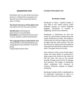 DESCRIPTIVE TEXT                    Example of Descriptive Text

Descriptive text is a text which say what a
person or a thing is like. Its purpose is to
describe and reveal a particular person,                   Borobudur Temple
place, or thing.
                                               Borobudur is Hindu – Budhist temple. It
The Generic Structure of Descriptive Text      was build in the nineth century under
Descriptive text has structure as below:       Sailendra dynasty of ancient Mataram
                                               kingdom. Borobudur is located in
Identification; identifying the                Magelang, Central Java, Indonesia.
phenomenon to be described.
Description; describing the phenomenon         Borobudur is well-known all over the
in parts, qualities, or/and characteristics.   world. Its construction is influenced by the
                                               Gupta architecture of India. The temple is
The Language Feature of Descriptive Text       constructed on a hill 46 m high and consist
Using attributive and identifying process.     of eight step like stone terrace. The first
Using adjective and classifiers in nominal     five terrace are square and surrounded by
group.                                         walls adorned with Budist sculpture in bas-
Using simple present tense                     relief. The upper three are circular.

                                               Each of them is with a circle of bell shape-
                                               stupa. The entire adifice is crowned by a
                                               large stupa at the centre at the centre of
                                               the top circle. The way to the summit
                                               extends through some 4.8 km of passage
                                               and starways. The design of borobudur
                                               which symbolizes the structure of
                                               universe influences temples at Angkor,
                                               Cambodia.

                                               Borobudur temple which is rededicated as
                                               an Indonesian monument in 1983 is a
                                               valuable treasure for Indonesian people.
 