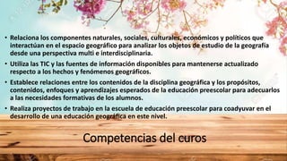 Competencias del curos
• Relaciona los componentes naturales, sociales, culturales, económicos y políticos que
interactúan en el espacio geográfico para analizar los objetos de estudio de la geografía
desde una perspectiva multi e interdisciplinaria.
• Utiliza las TIC y las fuentes de información disponibles para mantenerse actualizado
respecto a los hechos y fenómenos geográficos.
• Establece relaciones entre los contenidos de la disciplina geográfica y los propósitos,
contenidos, enfoques y aprendizajes esperados de la educación preescolar para adecuarlos
a las necesidades formativas de los alumnos.
• Realiza proyectos de trabajo en la escuela de educación preescolar para coadyuvar en el
desarrollo de una educación geográfica en este nivel.
 