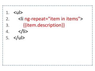 1. <ul>
2.
<li ng-repeat="item in items">
3.
{{item.description}}
4.
</li>
5. </ul>

 