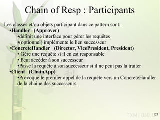 Chain of Resp : Participants    Les classes et/ou objets participant dans ce pattern sont:  Handler   (Approver)  définit une interface pour gérer les requêtes  (optionnel) implémente le lien successeur  ConcreteHandler   (Director, VicePresident, President)  Gère une requête si il en est responsable Peut accéder à son successeur Passe la requête à son successeur si il ne peut pas la traiter Client   (ChainApp)  Provoque le premier appel de la requête vers un ConcreteHandler de la chaîne des successeurs. 
