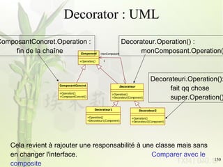 Decorator : UML Decorateuri.Operation(): fait qq chose super.Operation() Cela revient à rajouter une responsabilité à une classe mais sans en changer l'interface. Comparer avec le composite ComposantConcret.Operation :  fin de la chaîne Decorateur.Operation() : monComposant.Operation() 