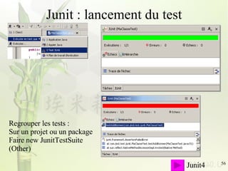 Junit : lancement du test Regrouper les tests : Sur un projet ou un package Faire new JunitTestSuite (Other) Junit4 