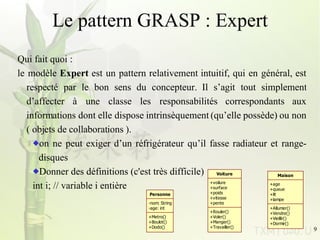 Le pattern GRASP : Expert Qui fait quoi :  le modèle  Expert  est un pattern relativement intuitif, qui en général, est respecté par le bon sens du concepteur. Il s’agit tout simplement d’affecter à une classe les responsabilités correspondants aux informations dont elle dispose intrinsèquement (qu’elle possède) ou non ( objets de collaborations ). on ne peut exiger d’un réfrigérateur qu’il fasse radiateur et range-disques Donner des définitions (c'est très difficile) int i; // variable i entière 