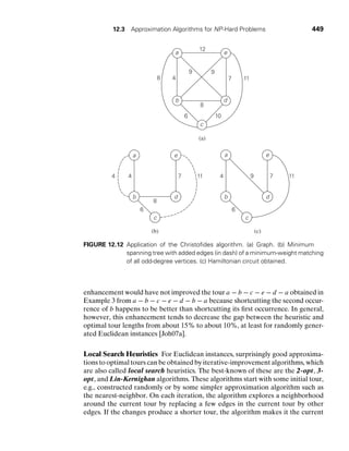 12.3 Approximation Algorithms for NP-Hard Problems 449
12
9
4
8
9
7 11
a e
8
6 10
b d
c
(a)
a
b
e
d
c
8
6
4
4 7 11
(b)
a
b
e
d
c
6
4 7
9 11
(c)
FIGURE 12.12 Application of the Christoﬁdes algorithm. (a) Graph. (b) Minimum
spanning tree with added edges (in dash) of a minimum-weight matching
of all odd-degree vertices. (c) Hamiltonian circuit obtained.
enhancement would have not improved the tour a − b − c − e − d − a obtained in
Example 3 from a − b − c − e − d − b − a because shortcutting the second occur-
rence of b happens to be better than shortcutting its ﬁrst occurrence. In general,
however, this enhancement tends to decrease the gap between the heuristic and
optimal tour lengths from about 15% to about 10%, at least for randomly gener-
ated Euclidean instances [Joh07a].
Local Search Heuristics For Euclidean instances, surprisingly good approxima-
tions to optimal tours can be obtained by iterative-improvement algorithms, which
are also called local search heuristics. The best-known of these are the 2-opt, 3-
opt, and Lin-Kernighan algorithms. These algorithms start with some initial tour,
e.g., constructed randomly or by some simpler approximation algorithm such as
the nearest-neighbor. On each iteration, the algorithm explores a neighborhood
around the current tour by replacing a few edges in the current tour by other
edges. If the changes produce a shorter tour, the algorithm makes it the current
 