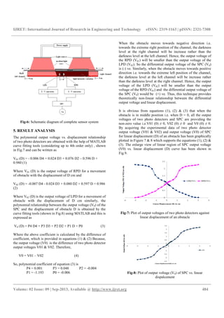 IJRET: International Journal of Research in Engineering and Technology eISSN: 2319-1163 | pISSN: 2321-7308
__________________________________________________________________________________________
Volume: 02 Issue: 09 | Sep-2013, Available @ http://www.ijret.org 484
Fig-6: Schematic diagram of complete sensor system
5. RESULT ANALYSIS
The polynomial output voltage vs. displacement relationship
of two photo detectors are obtained with the help of MATLAB
curve fitting tools (considering up to 4th order only) , shown
in Fig.7 and can be written as
V01 (D) = - 0.006 D4 + 0.024 D3 + 0.076 D2 – 0.596 D +
0.980 (1)
Where V01 (D) is the output voltage of RPD for a movement
of obstacle with the displacement of D cm and
V02 (D) = -0.007 D4 - 0.024 D3 + 0.080 D2 + 0.597 D + 0.986
(2)
Where V02 (D) is the output voltage of LPD for a movement of
obstacle with the displacement of D cm similarly, the
polynomial relationship between the output voltage (V0) of the
SPC and the displacement of obstacle D is obtained by the
curve fitting tools (shown in Fig.8) using MATLAB and this is
expressed as
V0 (D) = P4 D4 + P3 D3 + P2 D2 + P1 D + P0 (3)
Where the above coefficient is calculated by the difference of
coefficient, which is provided in equations (1) & (2) Because,
the output voltage (V0) is the difference of two photo detector
output voltages V01 & V02. Therefore,
V0 = V01 – V02 (4)
So, polynomial coefficient of equation (3) is
P4 = 0.001 P3 = 0.048 P2 = -0.004
P1 = -1.193 P0 = -0.006
When the obstacle moves towards negative direction i.e.
towards the extreme right position of the channel, the darkness
level at the right channel will be increase rather than the
darkness level at the left channel. Hence, the output voltage of
the RPD (V01) will be smaller than the output voltage of the
LPD (V02). So the differential output voltage of the SPC (V0)
is (-) ve. Similarly, when the obstacle moves towards positive
direction i.e. towards the extreme left position of the channel,
the darkness level at the left channel will be increase rather
than the darkness level at the right channel. Hence, the output
voltage of the LPD (V02) will be smaller than the output
voltage of the RPD (V01) and the differential output voltage of
the SPC (V0) would be (+) ve. Thus, this technique provides
theoretically non-linear relationship between the differential
output voltage and linear displacement.
It is obvious from equations (1), (2) & (3) that when the
obstacle is in middle position i.e. when D = 0, all the output
voltages of two photo detectors and SPC are providing the
non-zero value i.e.V01 (0) ≠ 0, V02 (0) ≠ 0 and V0 (0) ≠ 0.
By acquiring the experimental data of two photo detector
output voltage (V01 & V02) and output voltage (V0) of SPC
for linear displacement (D) of an obstacle has been graphically
plotted in Figure 7 & 8 which supports the equations (1), (2) &
(3). The enlarge view of linear region of SPC output voltage
(V0) vs. linear displacement (D) curve has been shown in
Fig.9.
Fig-7: Plot of output voltages of two photo detectors against
linear displacement of an obstacle
Fig-8: Plot of output voltage (V0) of SPC vs. linear
dispalcement
 