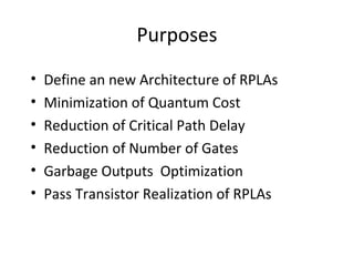 Purposes
• Define an new Architecture of RPLAs
• Minimization of Quantum Cost
• Reduction of Critical Path Delay
• Reduction of Number of Gates
• Garbage Outputs Optimization
• Pass Transistor Realization of RPLAs
 