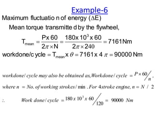Nm
x
x
cycle
done
Work
:.
N
ine, n
stroke eng
For
g strokes
of workin
No
where n
,
n
P
cycle
Workdone
tained as
also be ob
cycle may
workdone
90000
120
60
10
180
/
2
/
4
.
min
/
.
60
/
,
/
3
40















Nm
90000
4
x
7161
x
T
ycle
workdone/c
Nm
7161
2
2
60
x
10
180x
N
2
60
Px
T
flywheel,
the
by
d
transmitte
torque
Mean
E)
(
energy
of
n
fluctuatio
Maximum
mean
3
mean




Example-6
 