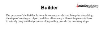 Builder
The purpose of the Builder Pattern is to create an abstract blueprint describing
the steps of creating an object, and then allow many different implementations
to actually carry out that process as long as they provide the necessary steps
 