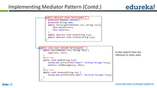 Slide 19Slide 19Slide 19 www.edureka.co/design-patterns
Implementing Mediator Pattern (Contd.)
A User doesn’t have any
reference to other users
 