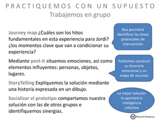 Journey map ¿Cuáles son los hitos
fundamentales en esta experiencia para Jordi?
¿los momentos clave que van a condicionar su
experiencia?
Mediante post-it situemos emociones, así como
elementos influyentes: personas, objetos,
lugares.
StoryTelling Expliquemos la solución mediante
una historia expresada en un dibujo.
Socializar el prototipo compartamos nuestra
solución con las de otros grupos e
identifiquemos sinergias.
P R A C T I Q U E M O S C O N U N S U P U E S T O
Trabajemos en grupo
Nos permitirá
identificar las áreas
potenciales de
intervención
Podremos construir
su itinerario
emocional y un
mapa de recursos
La mejor solución
la aportará la
inteligencia
colectiva
Manuel Amezcua
 