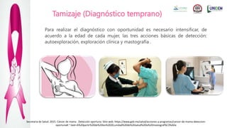 Tamizaje (Diagnóstico temprano)
Secretaria de Salud. 2015. Cáncer de mama . Detección oportuna. Sitio web. https://www.gob.mx/salud/acciones-y-programas/cancer-de-mama-deteccion-
oportuna#:~:text=A%20partir%20de%20los%2020,unidad%20de%20salud%20la%20mastograf%C3%ADa
Para realizar el diagnóstico con oportunidad es necesario intensificar, de
acuerdo a la edad de cada mujer, las tres acciones básicas de detección:
autoexploración, exploración clínica y mastografía .
 