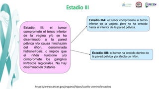 Estadio III
https://www.cancer.gov/espanol/tipos/cuello-uterino/estadios
Estadio III: el tumor
compromete el tercio inferior
de la vagina y/o se ha
diseminado a la pared
pélvica y/o causa hinchazón
del riñón, denominada
hidronefrosis, o impide que
el riñón funcione y/o
compromete los ganglios
linfáticos regionales. No hay
diseminación distante
Estadio IIIA: el tumor compromete el tercio
inferior de la vagina, pero no ha crecido
hasta el interior de la pared pélvica.
Estadio IIIB: el tumor ha crecido dentro de
la pared pélvica y/o afecta un riñón.
 