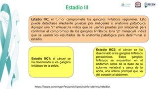 Estadio III
https://www.cancer.gov/espanol/tipos/cuello-uterino/estadios
Estadio IIIC: el tumor compromete los ganglios linfáticos regionales. Esto
puede detectarse mediante pruebas por imágenes o anatomía patológica.
Agregar una “r” minúscula indica que se usaron pruebas por imágenes para
confirmar el compromiso de los ganglios linfáticos. Una “p” minúscula indica
que se usaron los resultados de la anatomía patológica para determinar el
estadio.
Estadio IIIC1: el cáncer se
ha diseminado a los ganglios
linfáticos de la pelvis.
Estadio IIIC2: el cáncer se ha
diseminado a los ganglios linfáticos
paraaórticos. Estos ganglios
linfáticos se encuentran en el
abdomen cerca de la base de la
columna vertebral y cerca de la
aorta, una arteria principal que va
del corazón al abdomen.
 