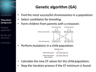 Genetic algorithm (GA)
Introduction
Theoretical 
background
Practical 
application
Results and 
discussion
Conclusion
Parent chromosomes
Child chromosomes
{{{ {{{
}}} }}}
1010 001111 0011010 010
1010 010111 0011001010
Crossover points Crossover points
Child chromosome
Child chromosome
after mutation
10 0010010
10 001
1
0 0010
Mutation point
• Find the most successful chromosomes in a population.
• Select candidates for breeding.
• Form children from parents with a crossover.
• Perform mutations in a child population.
• Calculate the new CF values for the child population.
• Stop the iteration process if the CF minimum is found.
 
