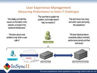User	
  Experience	
  Management	
  
                  Measuring	
  Performance	
  to	
  Solve	
  IT	
  Challenges	
  
                                         “The user tries to explain her
 “We initially can’t tell if the         problem, but it really doesn’t            “We don’t know how many
issue is on the client, in the               help me resolve it.”                  and which users are having
  network, or buried in the                                                             this experience.”
  backend infrastructure.”

   “We learn about most                                                             “We lack historical data to
problems only when a user                                                          proactively detect unwanted
          calls in”                                                                performance trends and their
                                                      IT                                   root cause.”




                              Internet
  Web User
                                               Web App                                     Back-end Systems



                                            The most comprehensive Oracle applications & technology content under one roof
 