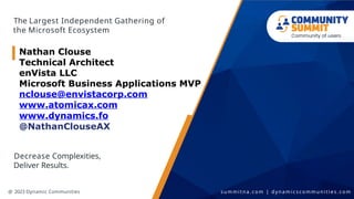The Largest Independent Gathering of
the Microsoft Ecosystem
Decrease Complexities,
Deliver Results.
@ 2023 Dynamic Communities s u m m i t n a . c o m | d y n a m i c s c o m m u n i t i e s . c o m
Nathan Clouse
Technical Architect
enVista LLC
Microsoft Business Applications MVP
nclouse@envistacorp.com
www.atomicax.com
www.dynamics.fo
@NathanClouseAX
 