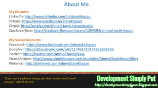 My Resume:
LinkedIn: http://www.linkedin.com/in/atarekhasan
Yatedo: http://www.yatedo.com/atarekhasan
Zerply: http://zerply.com/ahmed-tarek-hasan/public
Stackoverflow: http://stackoverflow.com/users/1284593/ahmed-tarek-hasan
My Social Accounts:
Facebook: https://www.facebook.com/ahmed.t.hasan
Google+: https://plus.google.com/u/0/117461717174836938716
Twitter: https://twitter.com/AhmedTarekHasa1
StumbleUpon: http://www.stumbleupon.com/stumbler/AhmedTarekHasan/likes
Pinterest: http://pinterest.com/ahmedtarekhasan
About Me
"If you can't explain it simply, you don't understand it well
enough" -Albert Einstein
 