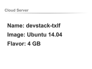 Cloud Server
Name: devstack-txlf
Image: Ubuntu 14.04
Flavor: 4 GB
 