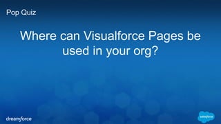 Pop Quiz 
Where can Visualforce Pages be 
used in your org? 
 