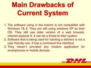 1. The software using in the branch is not compatible with
Windows 7& 8. They are still using windows XP as their
OS. They still use older version of a web browser,
internet explorer 6. It can be a threat to their system.
2. Software that is being used for tracking a delivery is not a
user friendly one. It has a command line interface.
3. They haven`t provided any modern application for
smartphones or mobile devices.

company name

 