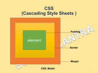 CSS
(Cascading Style Sheets )
11
element
Padding
Border
Margin
CSS: Model
 