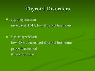 Thyroid Disorders Hypothyroidism increased TSH, low thyroid hormone Hyperthyroidism low TSH, increased thyroid hormone propylthiouracil thyroidectomy 