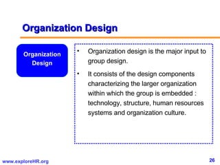 Organization Design Organization Design Organization design is the major input to group design.  It consists of the design components characterizing the larger organization within which the group is embedded : technology, structure, human resources systems and organization culture.  
