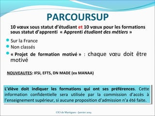 PARCOURSUP
10 vœux sous statut d’étudiant et 10 vœux pour les formations
sous statut d’apprenti « Apprenti étudiant des métiers »
Sur la France
Non classés
« Projet de formation motivé » : chaque vœu doit être
motivé
NOUVEAUTES: IFSI, EFTS, DN MADE (ex MANAA)
CIO de Martigues - Janvier 2019
L’élève doit indiquer les formations qui ont ses préférences. Cette
information confidentielle sera utilisée par la commission d’accès à
l’enseignement supérieur, si aucune proposition d’admission n’a été faite.
L’élève doit indiquer les formations qui ont ses préférences. Cette
information confidentielle sera utilisée par la commission d’accès à
l’enseignement supérieur, si aucune proposition d’admission n’a été faite.
 