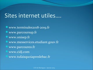 Sites internet utiles….
www.terminales2018-2019.fr
www.parcoursup.fr
www.onisep.fr
www.messervices.etudiant.gouv.fr
www.parcoureo.fr
www.cidj.com
www.tufaisquoiapreslebac.fr
CIO de Martigues - Janvier 2019
 