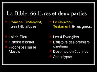 La Bible, 66 livres et deux parties
 L’Ancien Testament,
livres hébraïques :
 Loi de Dieu
 Histoire d’Israël
 Prophéties sur le
Messie
 Le Nouveau
Testament, livres grecs:
 Les 4 Evangiles
 L’histoire des premiers
chrétiens
 Doctrines chrétiennes
 Apocalypse
 