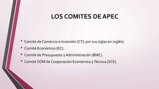 LOS COMITES DE APEC
• Comité de Comercio e Inversión (CTI, por sus siglas en inglés).
• Comité Económico (EC).
• Comité de Presupuesto yAdministración (BMC).
• Comité SOM de Cooperación Económica yTécnica (SCE).
 
