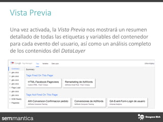 Vista Previa
Una vez activada, la Vista Previa nos mostrará un resumen
detallado de todas las etiquetas y variables del contenedor
para cada evento del usuario, así como un análisis completo
de los contenidos del DataLayer
 