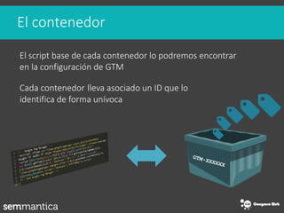 El contenedor
El script base de cada contenedor lo podremos encontrar
en la configuración de GTM
Cada contenedor lleva asociado un ID que lo
identifica de forma unívoca
 
