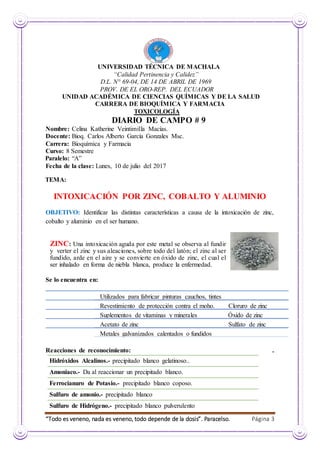 “Todo es veneno, nada es veneno, todo depende de la dosis”. Paracelso. Página 3
UNIVERSIDAD TÉCNICA DE MACHALA
“Calidad Pertinencia y Calidez”
D.L. N° 69-04, DE 14 DE ABRIL DE 1969
PROV. DE EL ORO-REP. DEL ECUADOR
UNIDAD ACADÉMICA DE CIENCIAS QUÍMICAS Y DE LA SALUD
CARRERA DE BIOQUÍMICA Y FARMACIA
TOXICOLOGÍA
DIARIO DE CAMPO # 9
Nombre: Celina Katherine Veintimilla Macías.
Docente: Bioq. Carlos Alberto García Gonzales Msc.
Carrera: Bioquímica y Farmacia
Curso: 8 Semestre
Paralelo: “A”
Fecha de la clase: Lunes, 10 de julio del 2017
TEMA:
INTOXICACIÓN POR ZINC, COBALTO Y ALUMINIO
OBJETIVO: Identificar las distintas características a causa de la intoxicación de zinc,
cobalto y aluminio en el ser humano.
Se lo encuentra en:
Reacciones de reconocimiento: .
ZINC: Una intoxicación aguda por este metal se observa al fundir
y verter el zinc y sus aleaciones, sobre todo del latón; el zinc al ser
fundido, arde en el aire y se convierte en óxido de zinc, el cual el
ser inhalado en forma de niebla blanca, produce la enfermedad.
Utilizados para fabricar pinturas cauchos, tintes
Revestimiento de protección contra el moho. Cloruro de zinc
Suplementos de vitaminas y minerales Óxido de zinc
Acetato de zinc Sulfato de zinc
Metales galvanizados calentados o fundidos
Hidróxidos Alcalinos.- precipitado blanco gelatinoso..
Amoniaco.- Da al reaccionar un precipitado blanco.
Ferrocianuro de Potasio.- precipitado blanco coposo.
Sulfuro de amonio.- precipitado blanco
Sulfuro de Hidrógeno.- precipitado blanco pulverulento
 