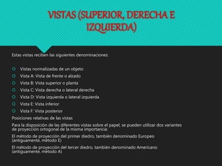 Estas vistas reciben las siguientes denominaciones:
 Vistas normalizadas de un objeto
 Vista A: Vista de frente o alzado
 Vista B: Vista superior o planta
 Vista C: Vista derecha o lateral derecha
 Vista D: Vista izquierda o lateral izquierda
 Vista E: Vista inferior
 Vista F: Vista posterior
Posiciones relativas de las vistas
Para la disposición de las diferentes vistas sobre el papel, se pueden utilizar dos variantes
de proyección ortogonal de la misma importancia:
El método de proyección del primer diedro, también denominado Europeo
(antiguamente, método E)
El método de proyección del tercer diedro, también denominado Americano
(antiguamente, método A)
VISTAS (SUPERIOR, DERECHA E
IZQUIERDA)
 