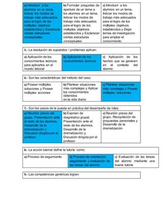 a) Introducir a los
alumnos en un tema,
Indicar los modos de
trabajo más adecuados
para el logro de los
múltiples objetivos
establecidos y Esclarecer
ciertas estructuras
conceptuales
b) Formular preguntas de
apertura de un tema a
los alumnos en un tema,
Indicar los modos de
trabajo más adecuados
para el logro de los
múltiples objetivos
establecidos y Esclarecer
ciertas estructuras
conceptuales
c) Introducir a los
alumnos en un tema,
Indicar los modos de
trabajo más adecuados
para el logro de los
múltiples objetivos
establecidos y Dejar
temas de investigación
para ampliar el
conocimiento
5.- La resolución de supuestos / problemas aplican:
a) Aplicación de los
conocimientos teóricos
para aplicarlos en el
mundo laboral
b) Aplicación de los
conocimientos teóricos
c) Aplicación de los
hechos que se generan
en el contexto del
alumno
6.- Son las características del método del caso:
a) Poseer múltiples
soluciones y Poseer
múltiples acciones
b) Plantear situaciones
más complejas y Aplicar
los conocimientos
obtenidos
en la vida diaria
c) Plantear situaciones
más complejas y Poseer
múltiples soluciones
7.- Son los pasos de la puesta en práctica del desempeño de roles:
a) Reunión previa del
grupo, Presentación ante
el resto de los alumnos,
Desarrollo de la
dramatización y
Discusión dirigida por el
profesor
b) Examen de
diagnóstico grupal,
Presentación ante el
resto de los alumnos,
Desarrollo de la
dramatización y
Discusión dirigida por el
profesor
c) Reunión previa del
grupo, Recopilación de
propuestas personales y
Desarrollo de la
dramatización
8.- La acción tutorial define la tutoría como:
a) Proceso de seguimiento b) Proceso de orientación,
seguimiento y evaluación de
las tareas del alumno
c) Evaluación de las tareas
del alumno mediante una
buena tutoría
9.- Las competencias genéricas logran:
 