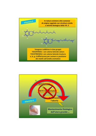 In natura esistono otto sostanze
di origine vegetale con struttura simile
e attività biologica della Vit. E
In natura esistono otto sostanze
di origine vegetale con struttura simile
e attività biologica della Vit. E
Vengono suddivise in due gruppi:
TOCOFEROLI: con catena laterale satura
TOCOTRIENOLI: con catena laterale insatura
a, b, g, d differiscono per numero e posizione
dei metili sull’anello aromatico
Vengono suddivise in due gruppi:
TOCOFEROLI: con catena laterale satura
TOCOTRIENOLI: con catena laterale insatura
a, b, g, d differiscono per numero e posizione
dei metili sull’anello aromatico
HETE InfiammatoriHETE Infiammatori
LipossigenasiLipossigenasi
Favoriscono
l’aborto
Favoriscono
l’aborto
Mantenimento fisiologico
dell’utero gravido (22)
Mantenimento fisiologico
dell’utero gravido (22)
 