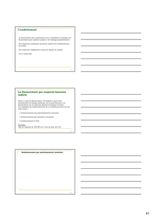 41 
L’endettement 
Le financement par endettement est le complément classique du 
financement par capitaux propres. On distingue généralement: 
•les emprunts classiques souscrits auprès des établissements 
de crédit; 
•les emprunts obligataires souscrits auprès du public; 
•et le crédit-bail. 
121 
Le financement par emprunt bancaire 
indivis 
Dans ce type de financement, l’entreprise a pour seul 
interlocuteur la banque prêteuse, ou le pool bancaire si le 
financement est accordé par plusieurs banques réunies. 
Les modalités de remboursement de ces indivis peuvent être de 
trois sortes : 
• remboursement par amortissements constants 
• remboursement par annuités constantes 
• remboursement in fine. 
Exemple : 
Soit un emprunt de 500 K€ sur 5 ans au taux de 10%. 
122 
Remboursement par amortissements constants 
123 
 