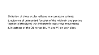 Elicitation of these ocular reflexes in a comatose patient:
1. evidence of unimpeded function of the midbrain and pontine
tegmental structures that integrate bi-ocular eye movements
2. intactness of the CN nerves (III, IV, and VI) on both sides
 